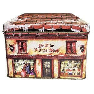 VTG Small Tin Ye Owe Village Shop Tin Box Co Old Days Store Front Town Store